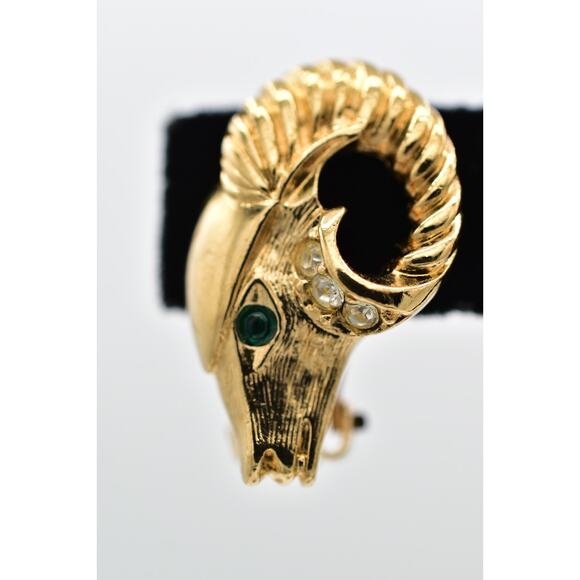 KJL Avon Ram Clip On Earrings Green Rhinestone Crystal Gold Tone Signed 1980s 9I - Picture 6 of 12